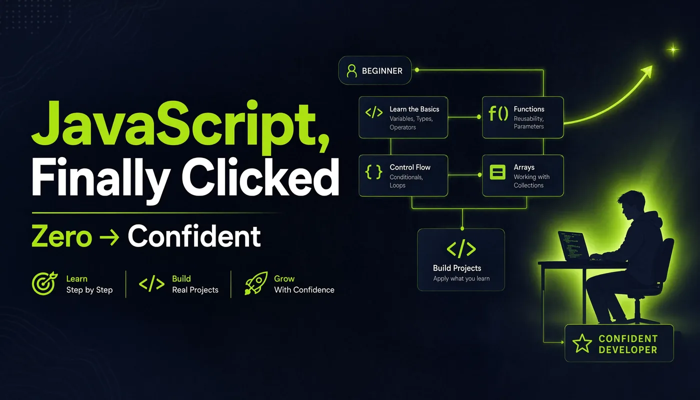 Illustration of the complete JavaScript learning journey from beginner to confident developer