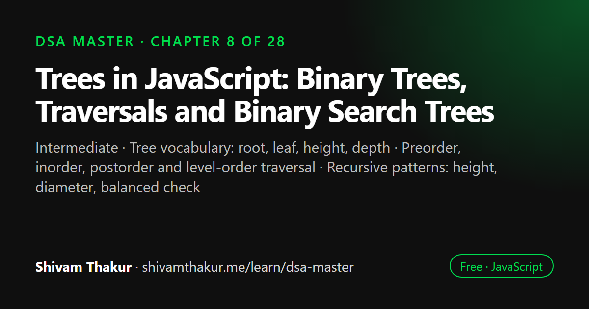 Trees in JavaScript: Binary Trees, Traversals and Binary Search Trees: DSA Master chapter 8 cover