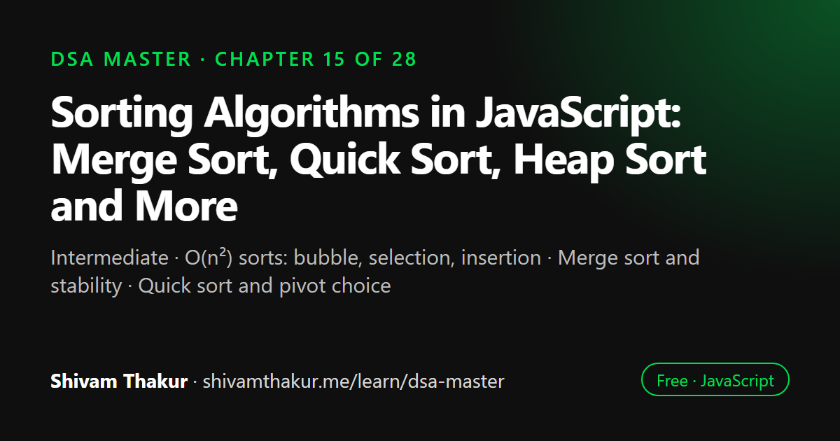 Sorting Algorithms in JavaScript: Merge Sort, Quick Sort, Heap Sort and More: DSA Master chapter 15 cover