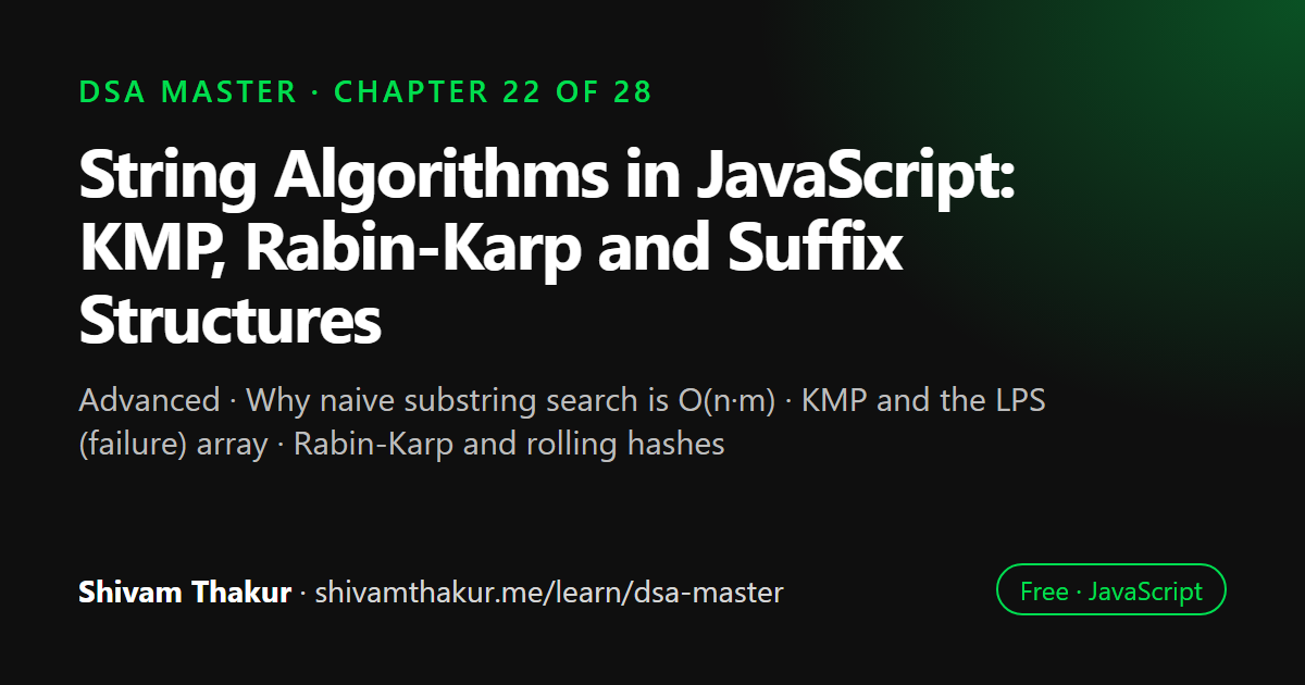 String Algorithms in JavaScript: KMP, Rabin-Karp and Suffix Structures: DSA Master chapter 22 cover