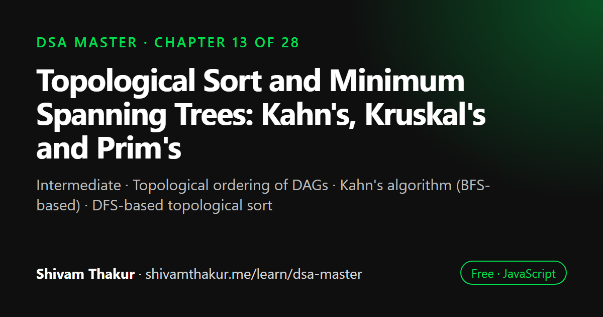 Topological Sort and Minimum Spanning Trees: Kahn's, Kruskal's and Prim's: DSA Master chapter 13 cover